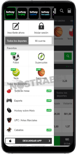 aplicación de Android Betway - menú