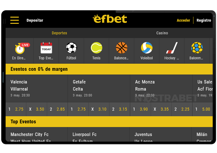 tableta de la versión móvil de efbet